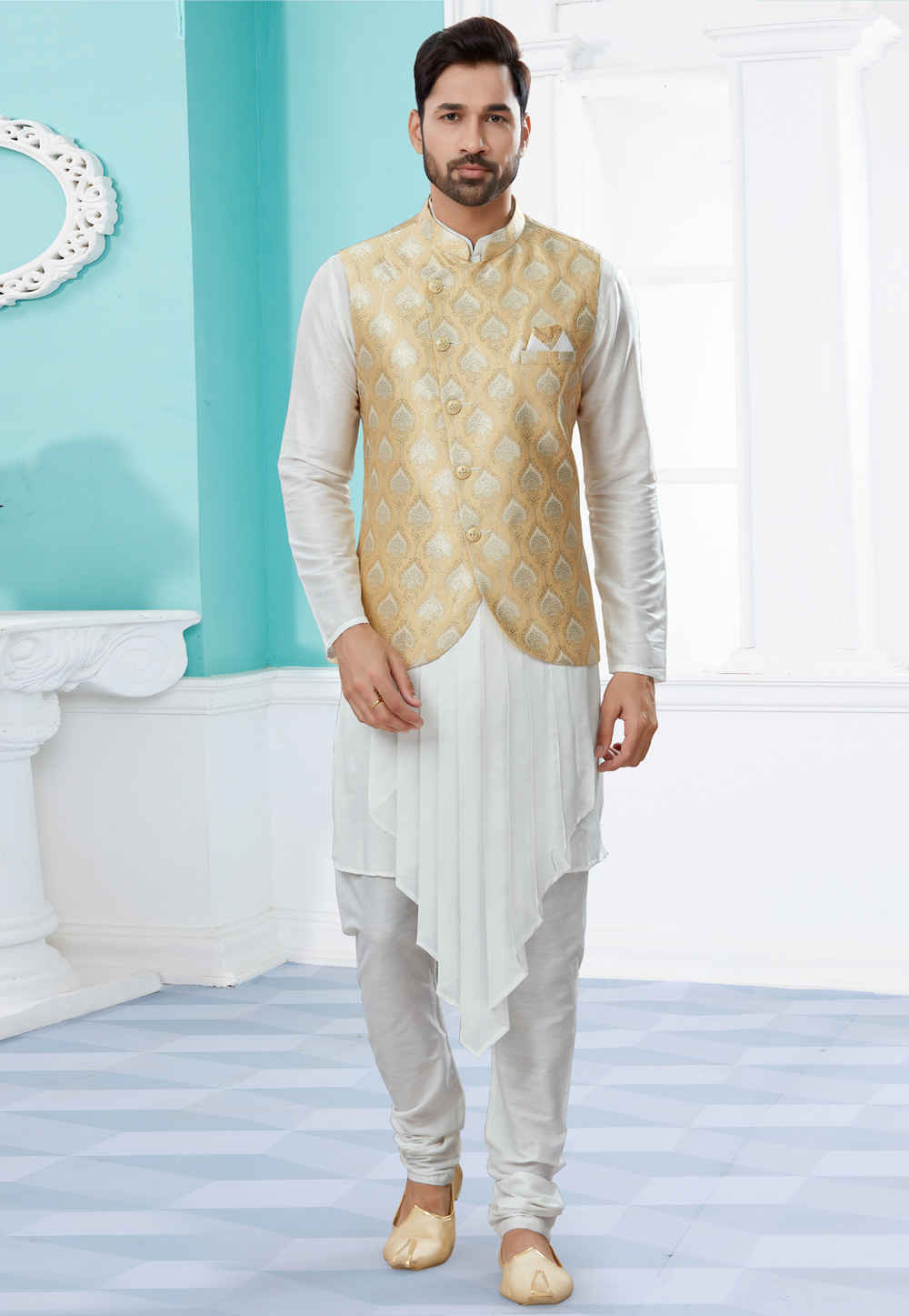 Off White Silk Kurta Pajama With Jacket 251466