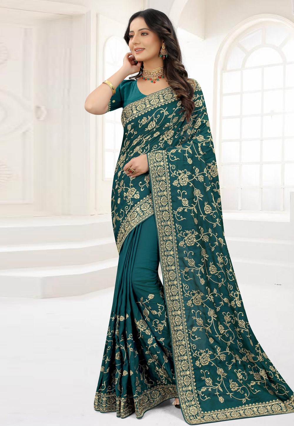 Teal Satin Silk Saree With Blouse 244531