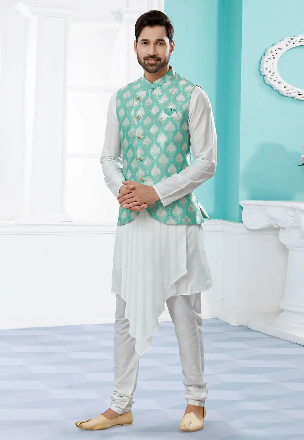 Off White Silk Kurta Pajama With Jacket 251467