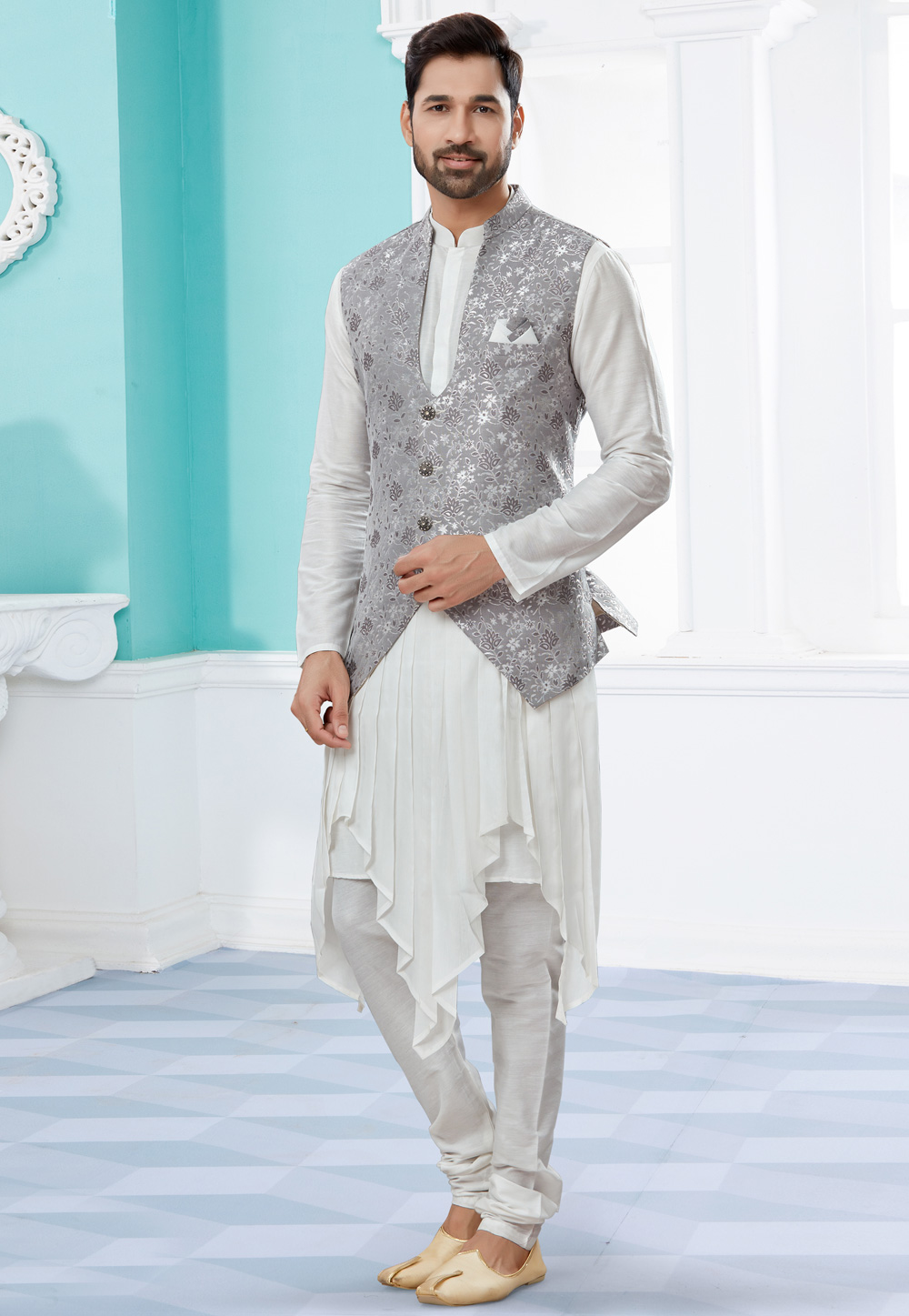 Off White Silk Kurta Pajama With Jacket 251468