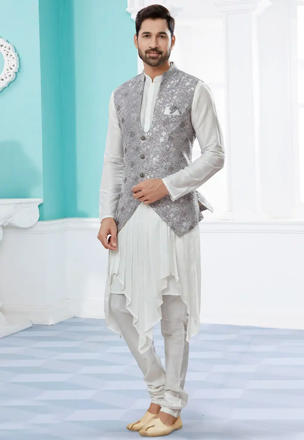 Off White Silk Kurta Pajama With Jacket 251468