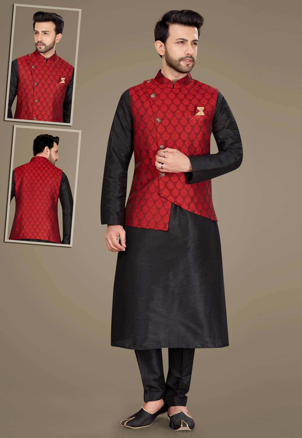 Black Art Silk Readymade Jacket With Kurta Pajama 232002
