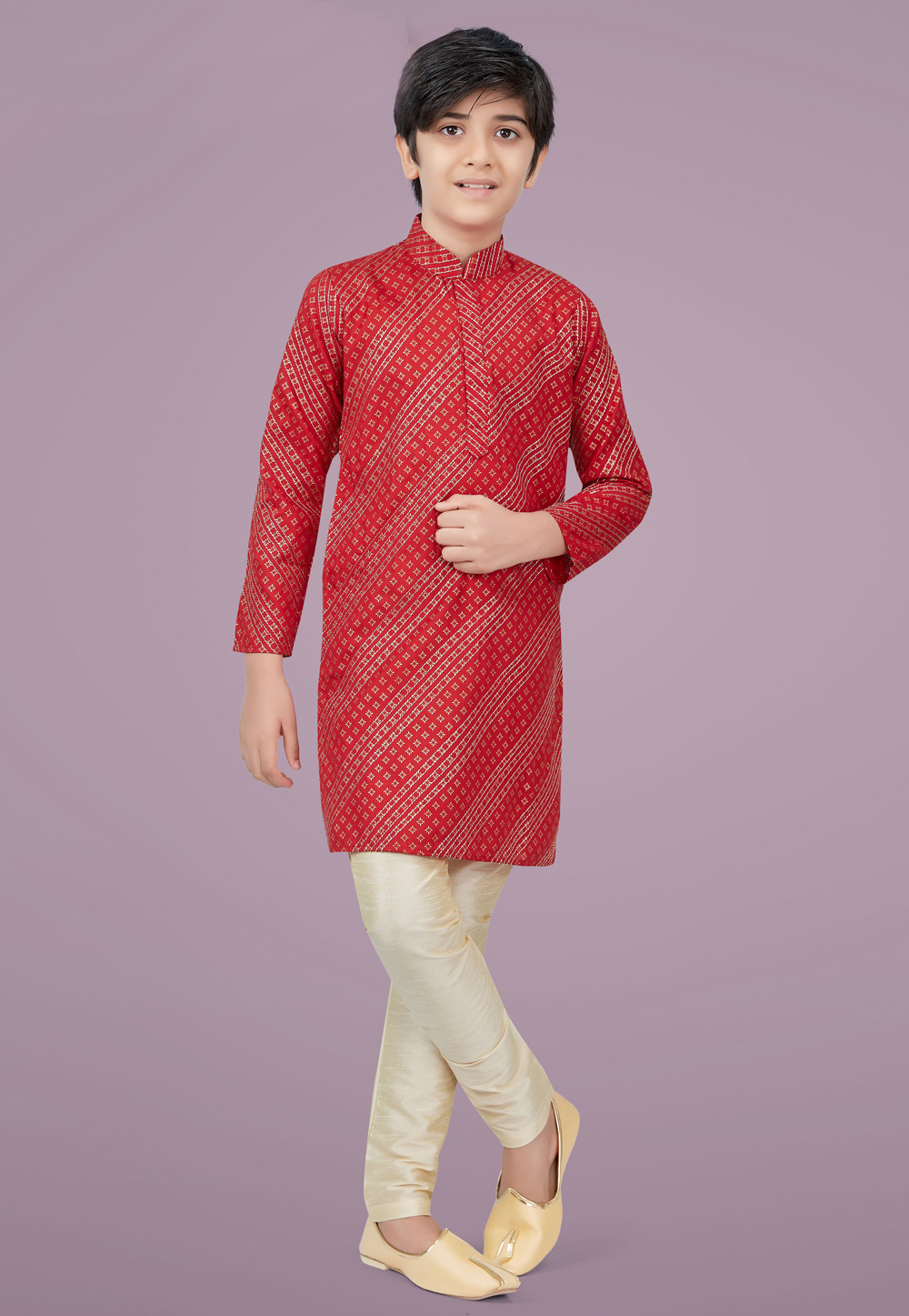 Red Cotton Silk Readymade Kids Kurta Pajama 231947