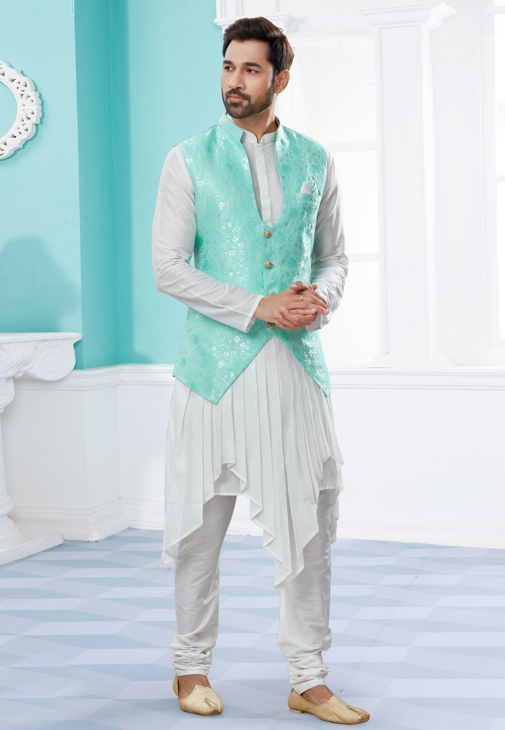 Off White Silk Kurta Pajama With Jacket 251470