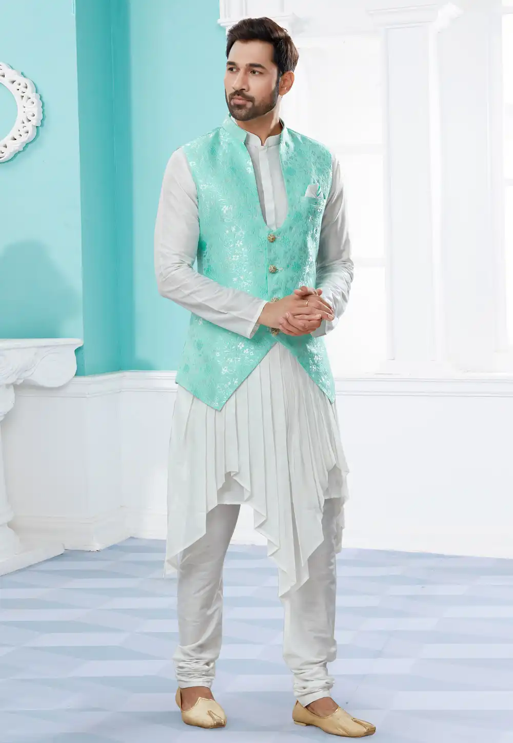 Off White Silk Kurta Pajama With Jacket 251470