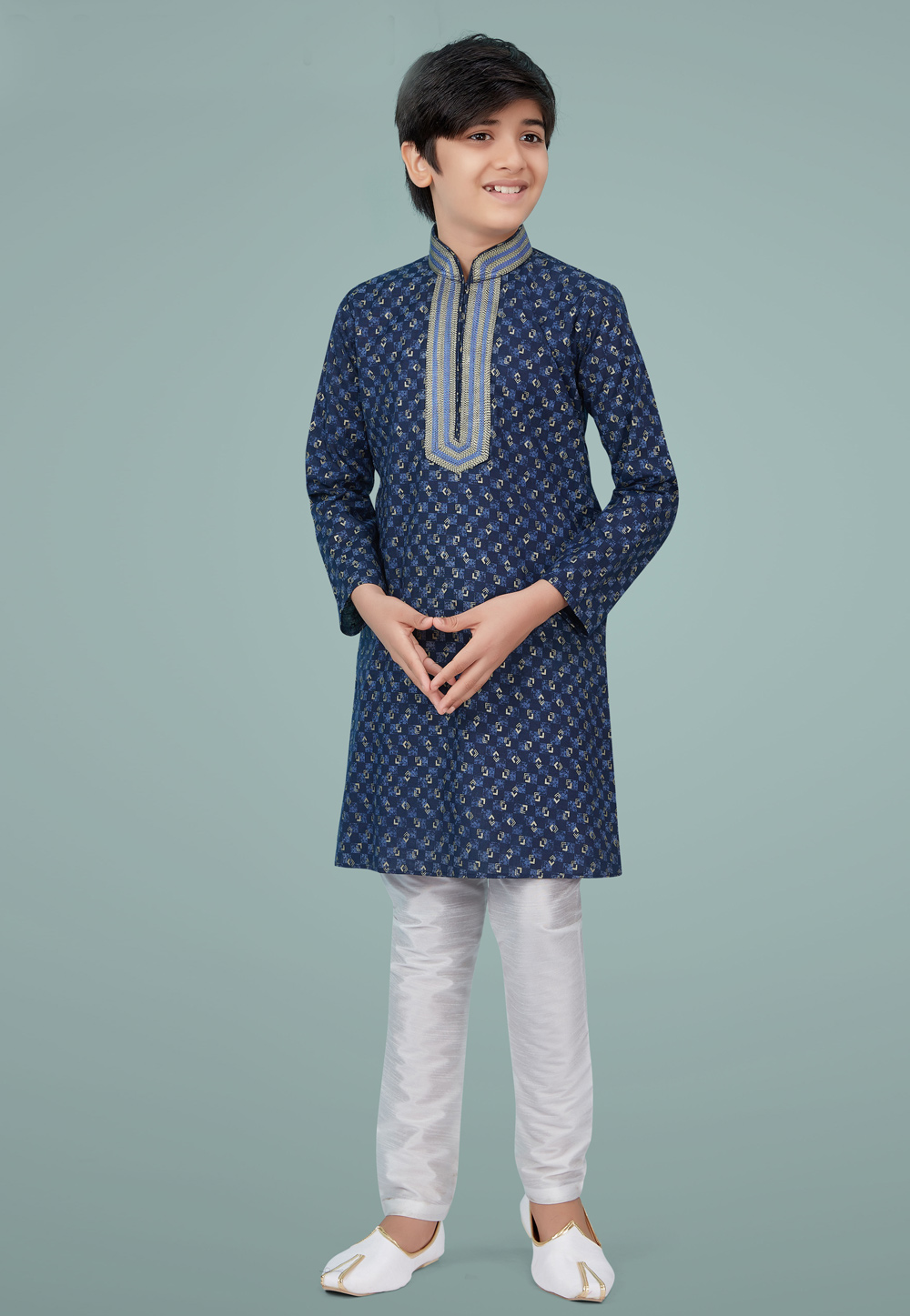 Navy Blue Cotton Silk Readymade Kids Kurta Pajama 231973
