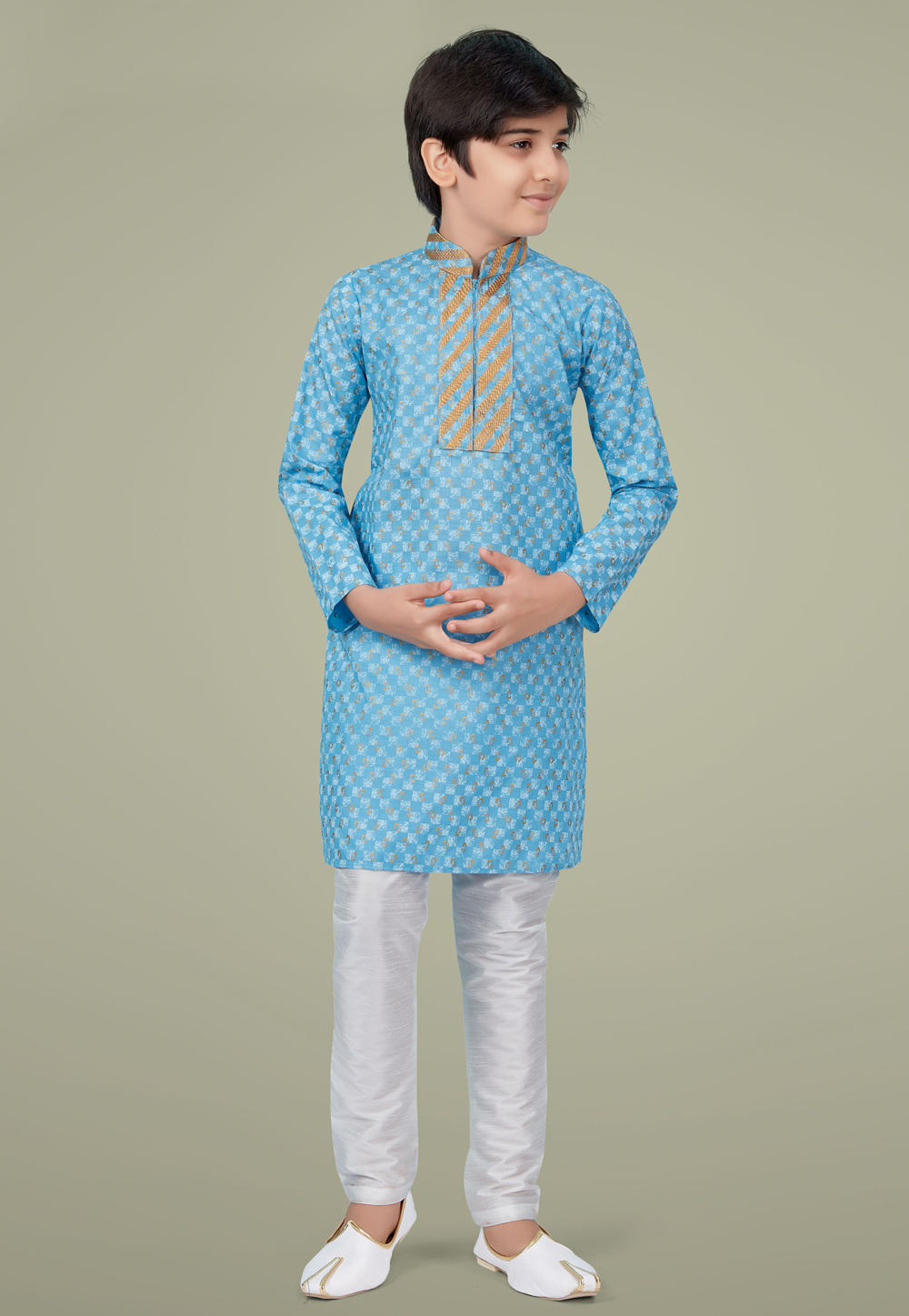 Sky Blue Cotton Silk Readymade Kids Kurta Pajama 231975