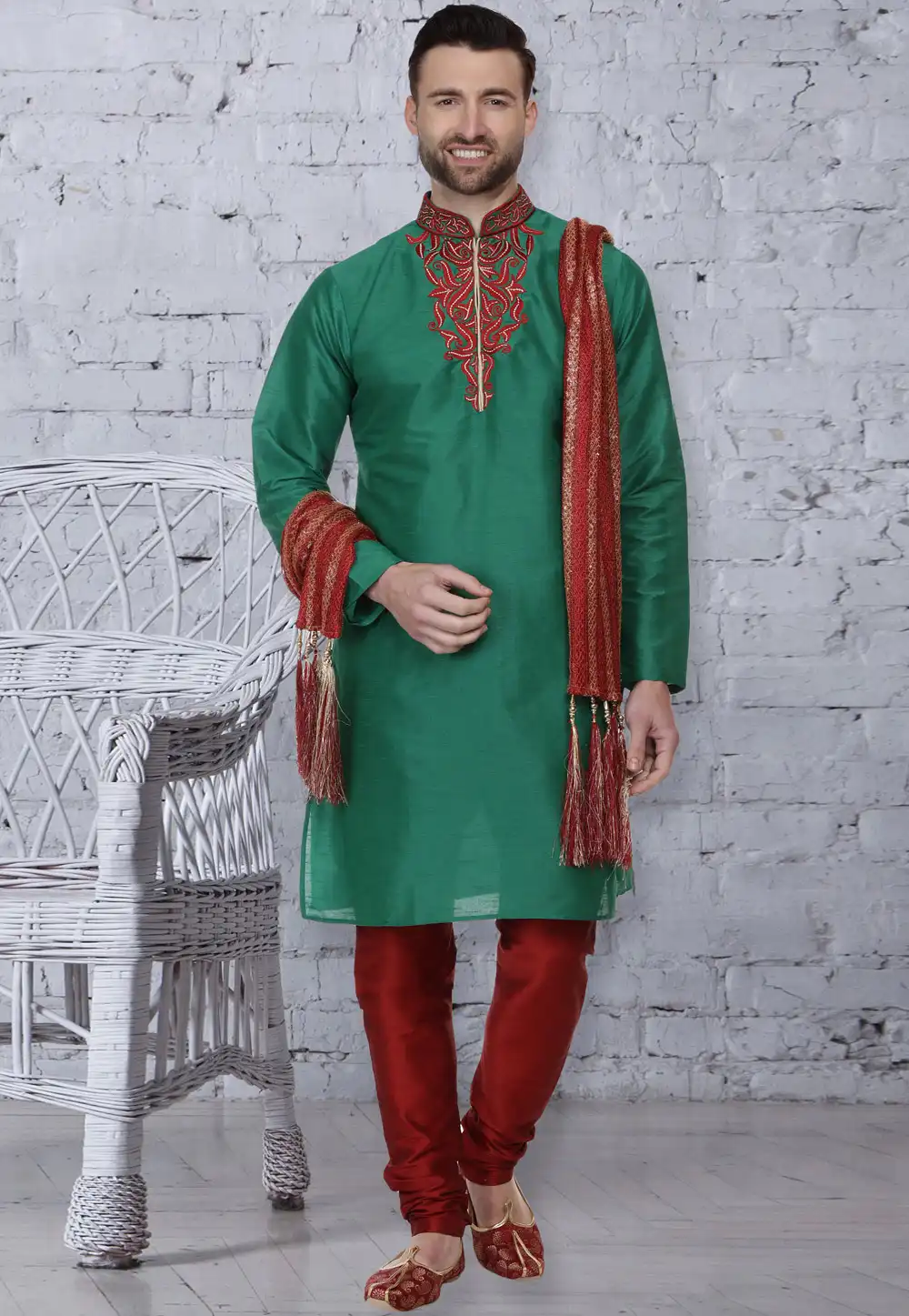 Green Dupion Silk Readymade Kurta Pajama 167133