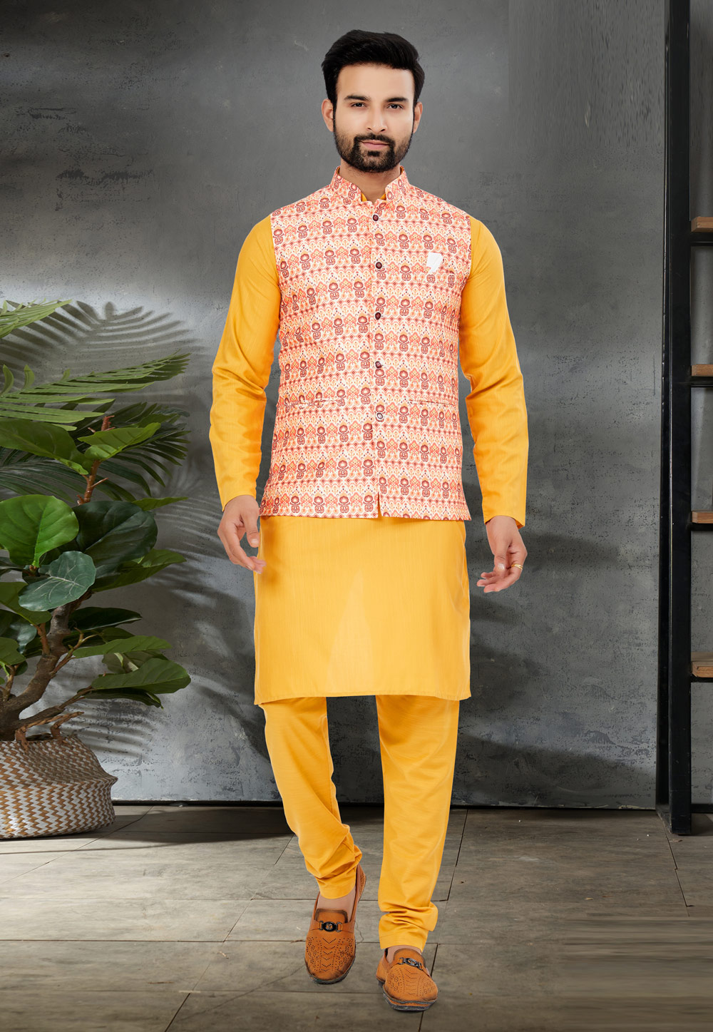 Yellow Cotton Kurta Pajama With Jacket 276704