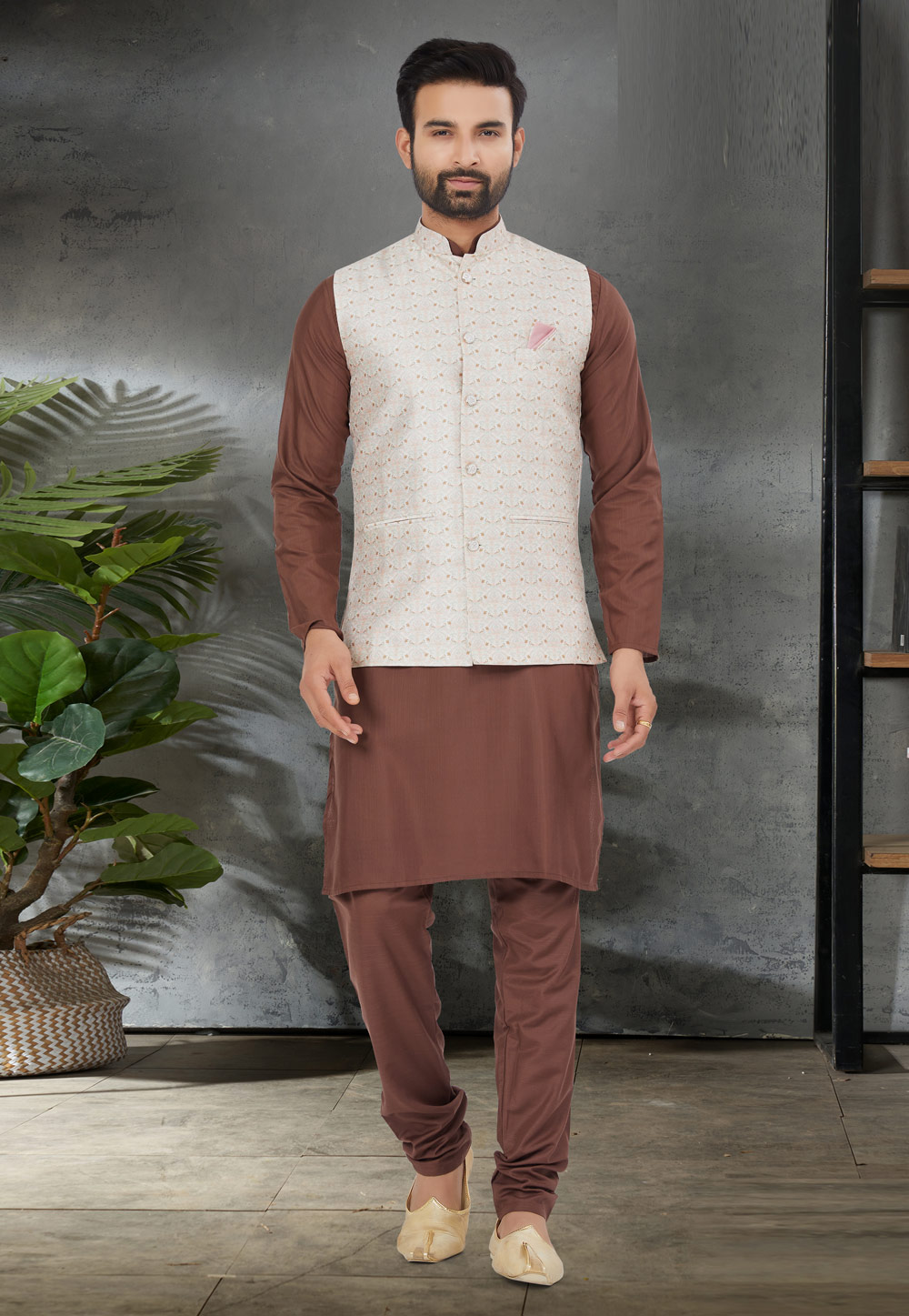 Brown Cotton Kurta Pajama With Jacket 276706