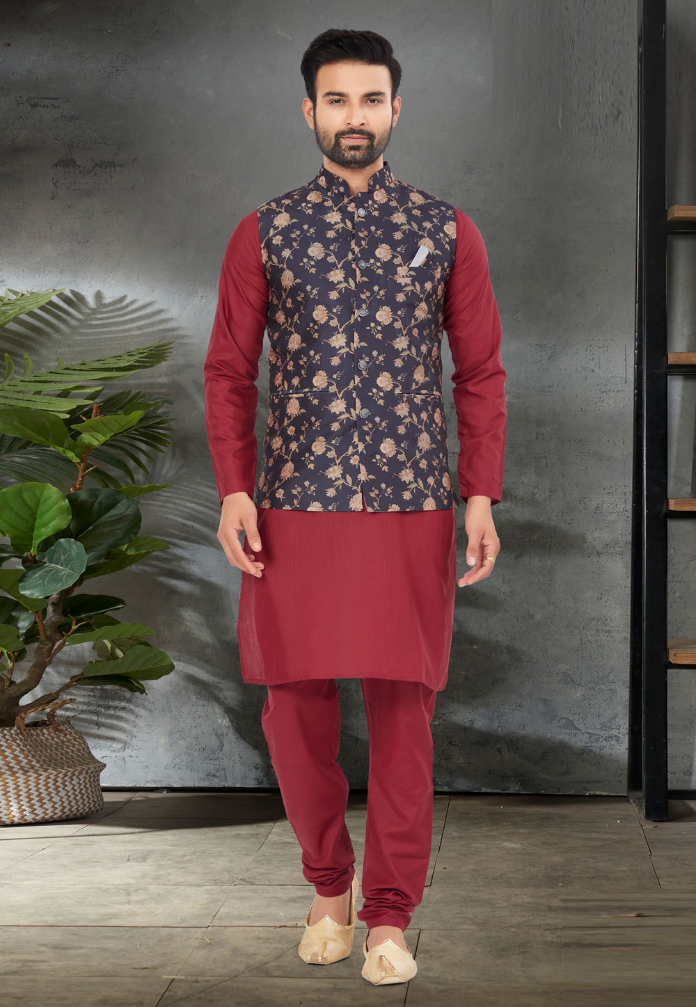 Maroon Cotton Kurta Pajama With Jacket 276708