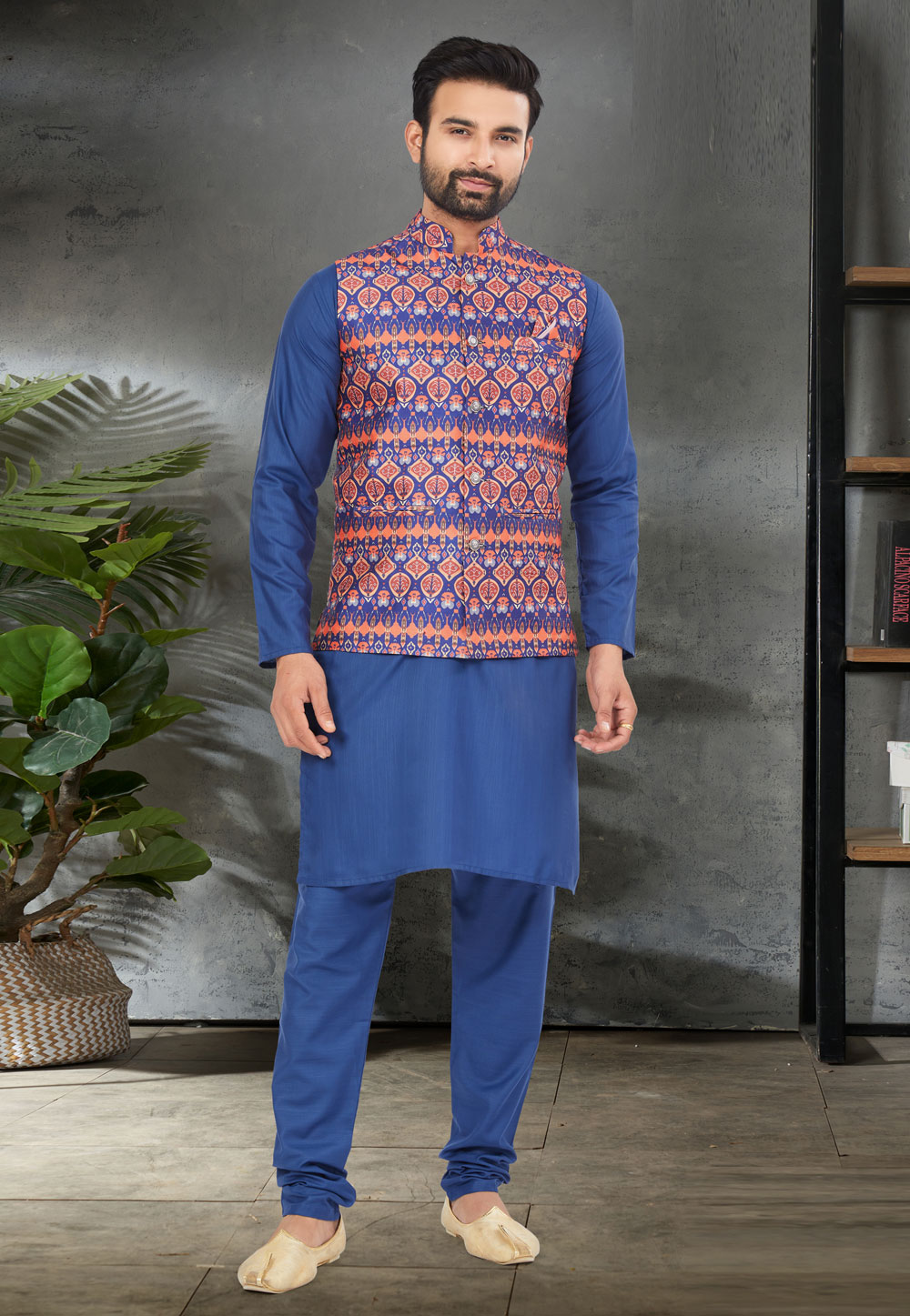 Blue Cotton Kurta Pajama With Jacket 276709