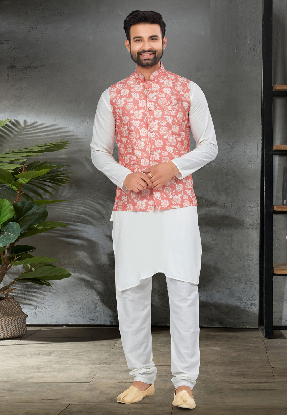 White Cotton Kurta Pajama With Jacket 276710
