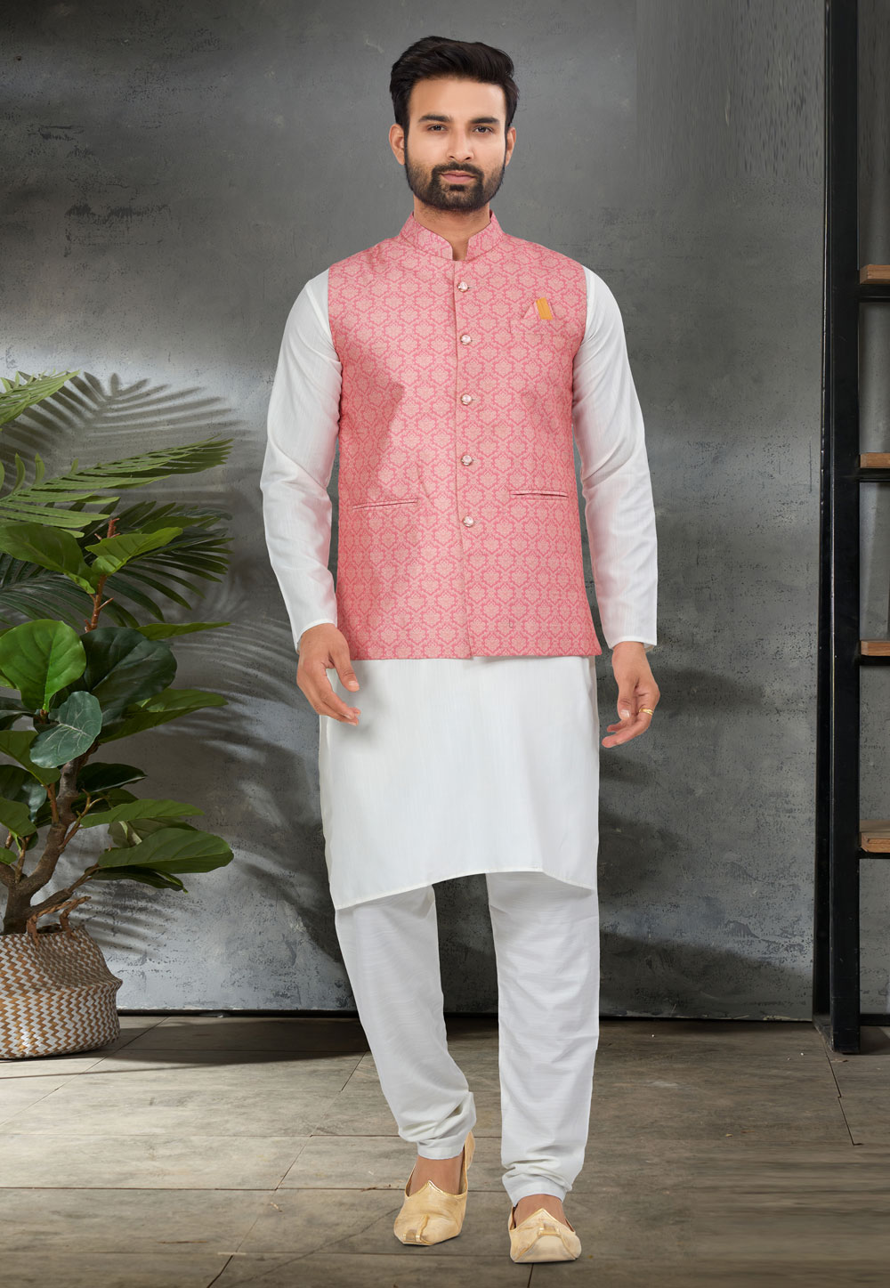 White Cotton Kurta Pajama With Jacket 276711