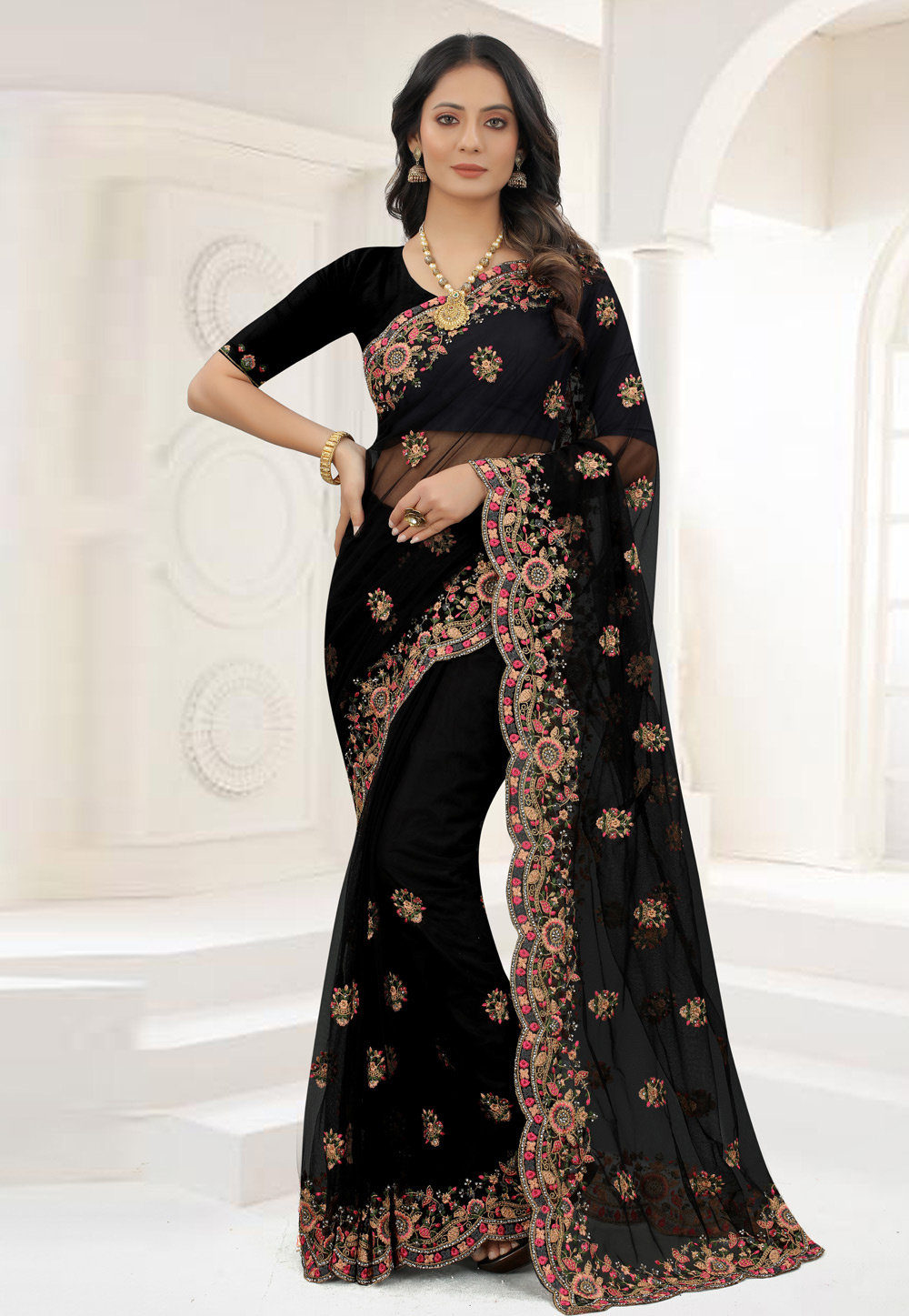 Black Net Embroidered Saree 245018