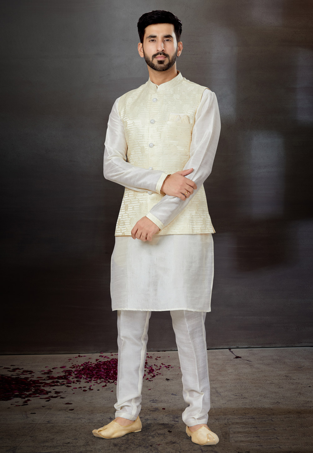 White Silk Kurta Pajama With Jacket 259335