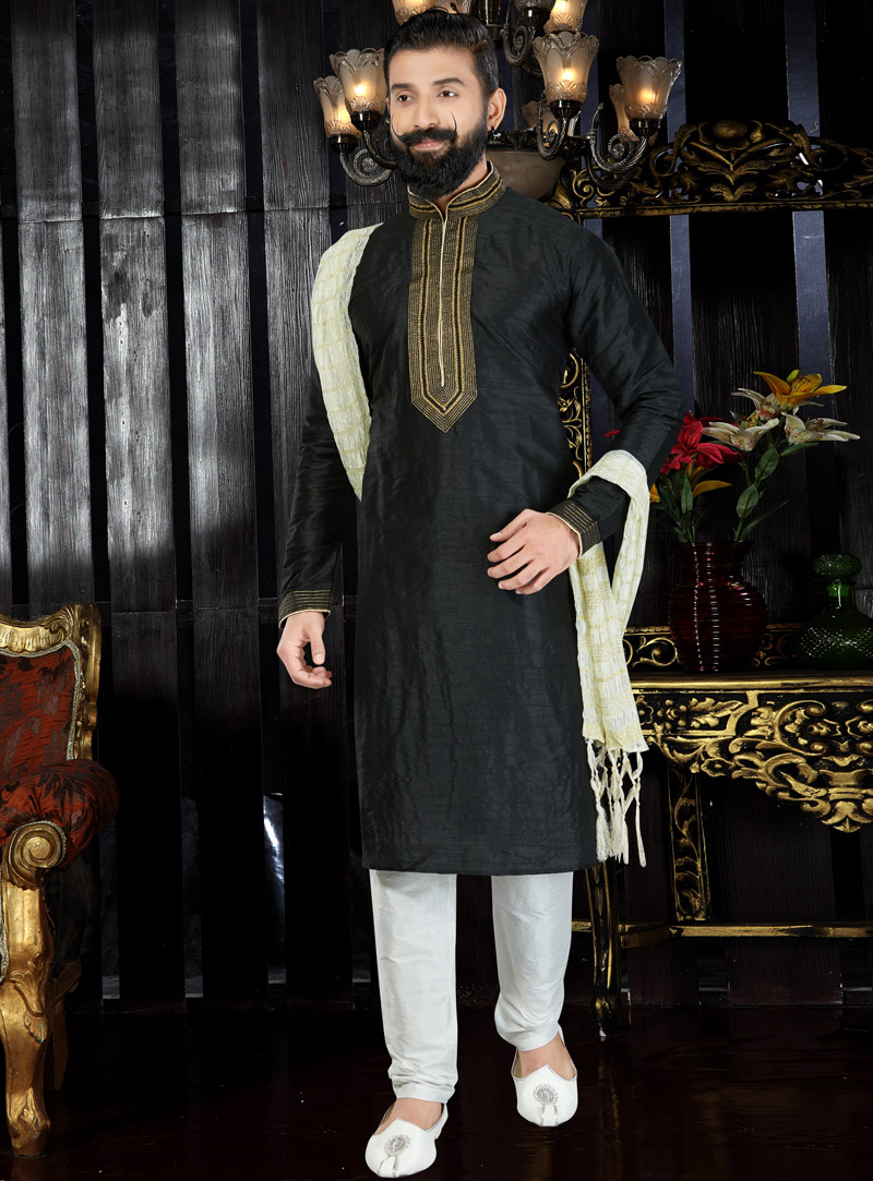 Black Dupion Readymade Kurta Pajama 97471