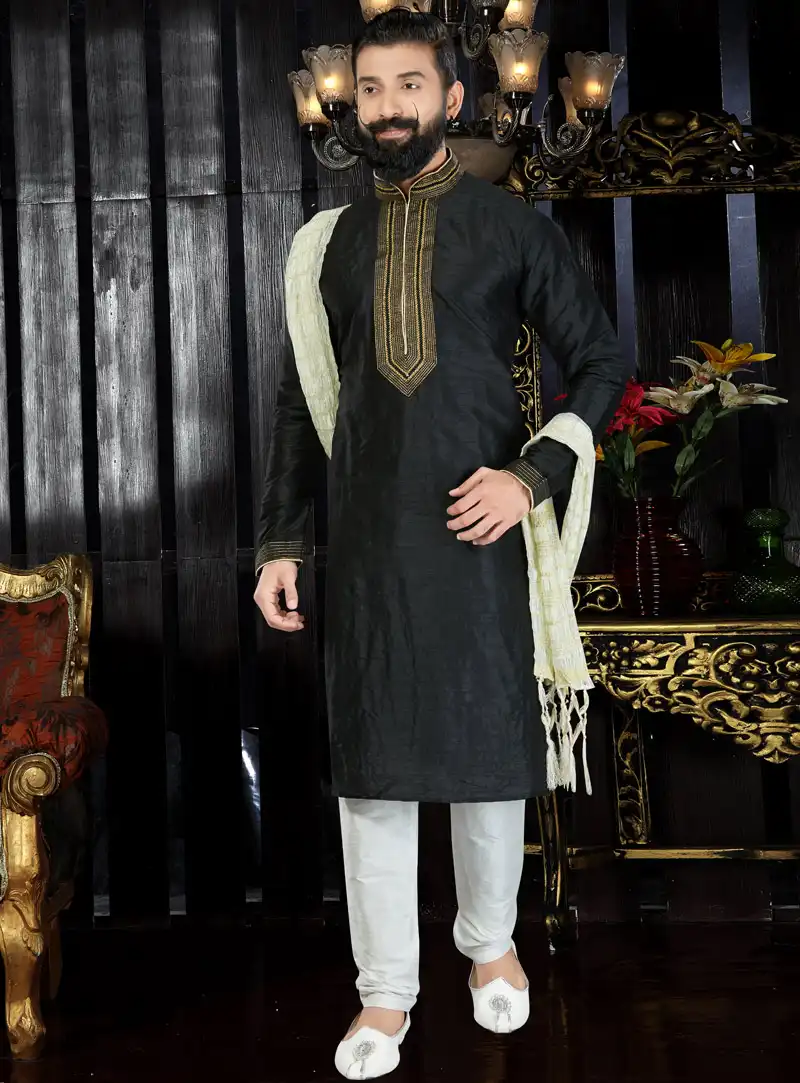 Black Dupion Readymade Kurta Pajama 97471