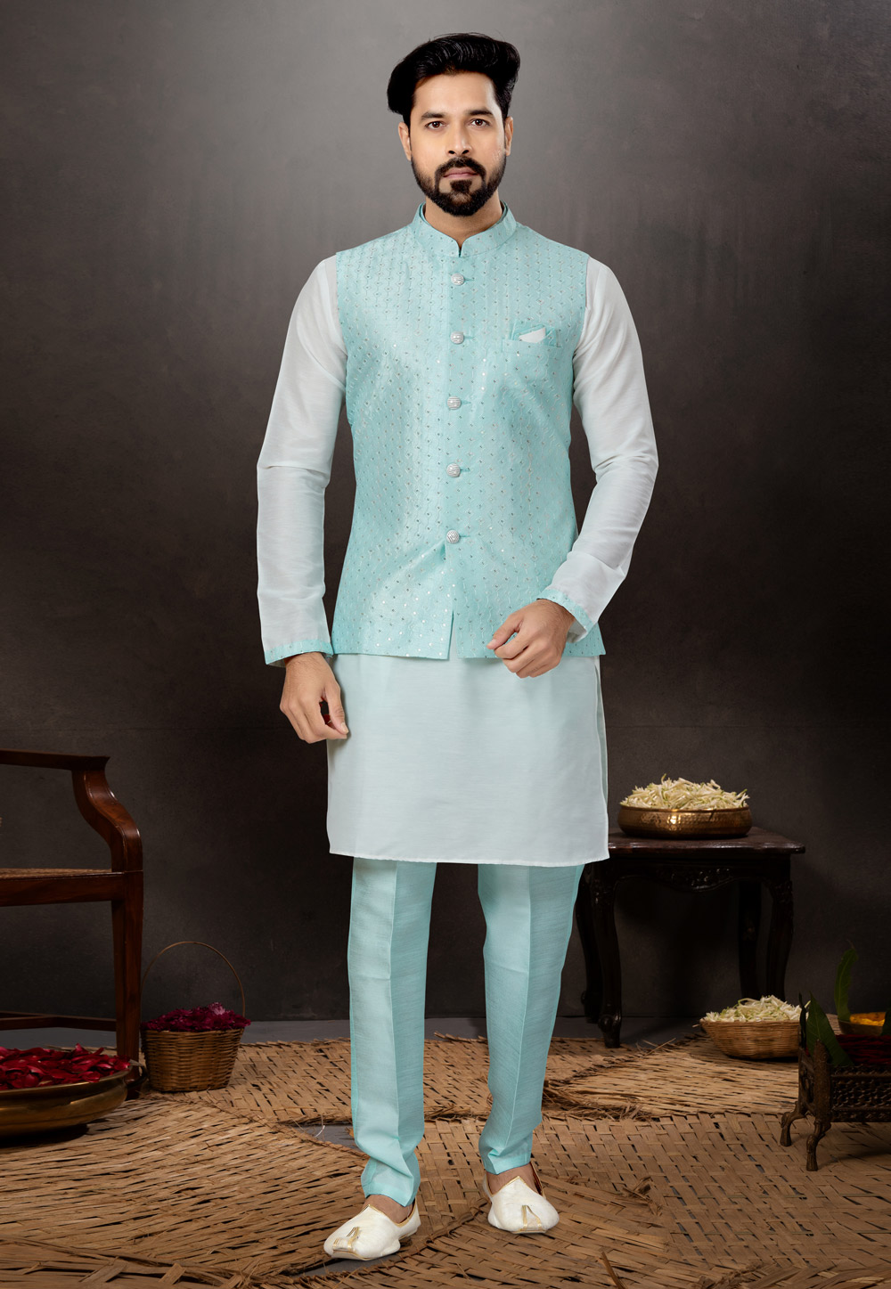 White Silk Kurta Pajama With Jacket 259336