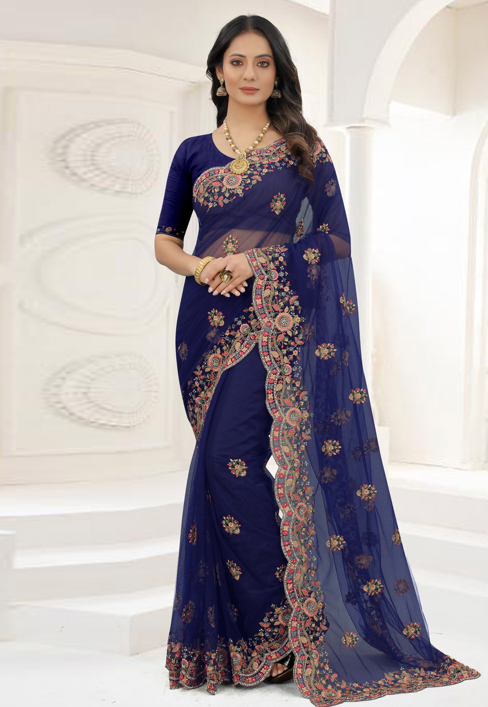 Navy Blue Net Saree With Blouse 245021