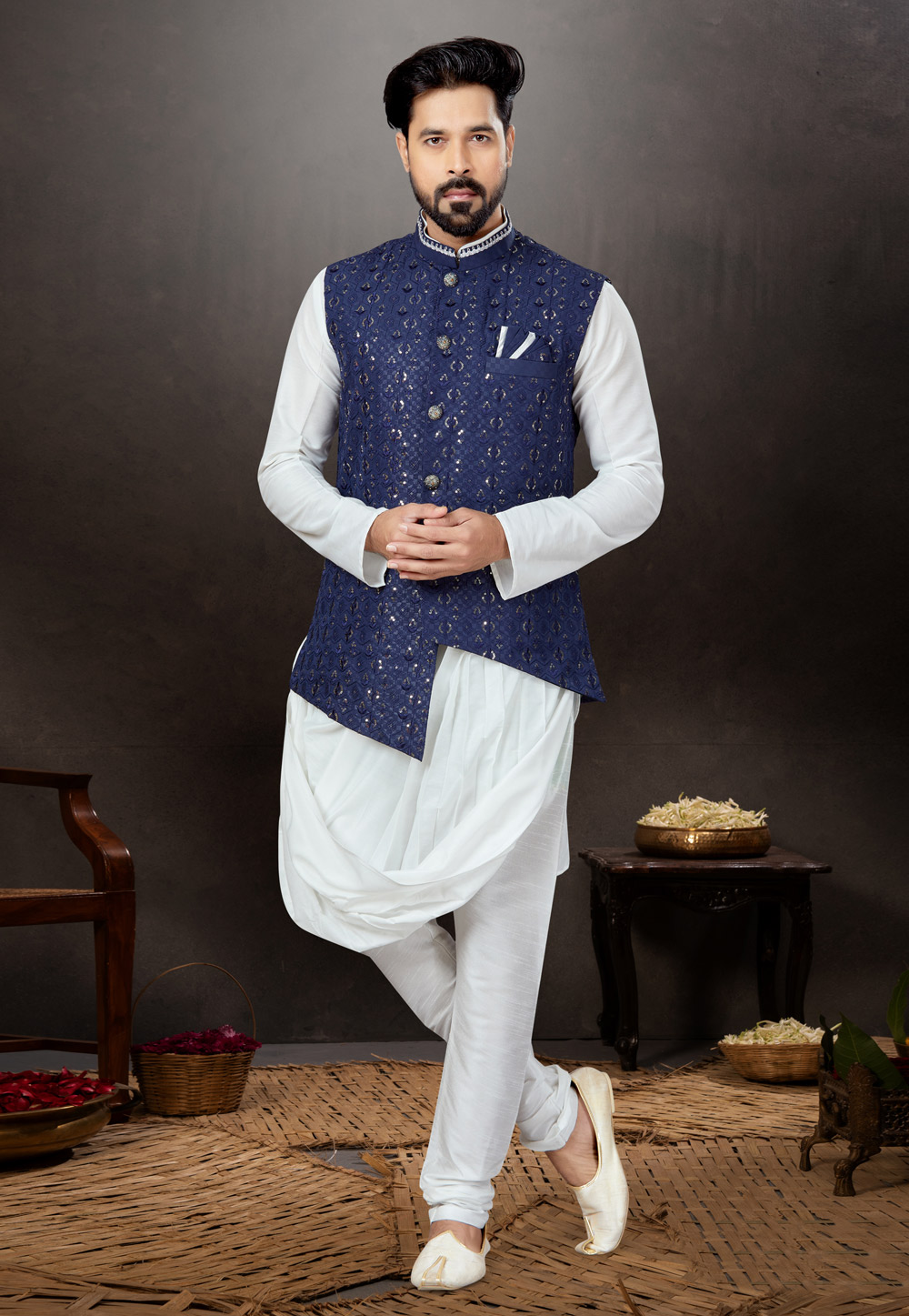 White Silk Kurta Pajama With Jacket 259338
