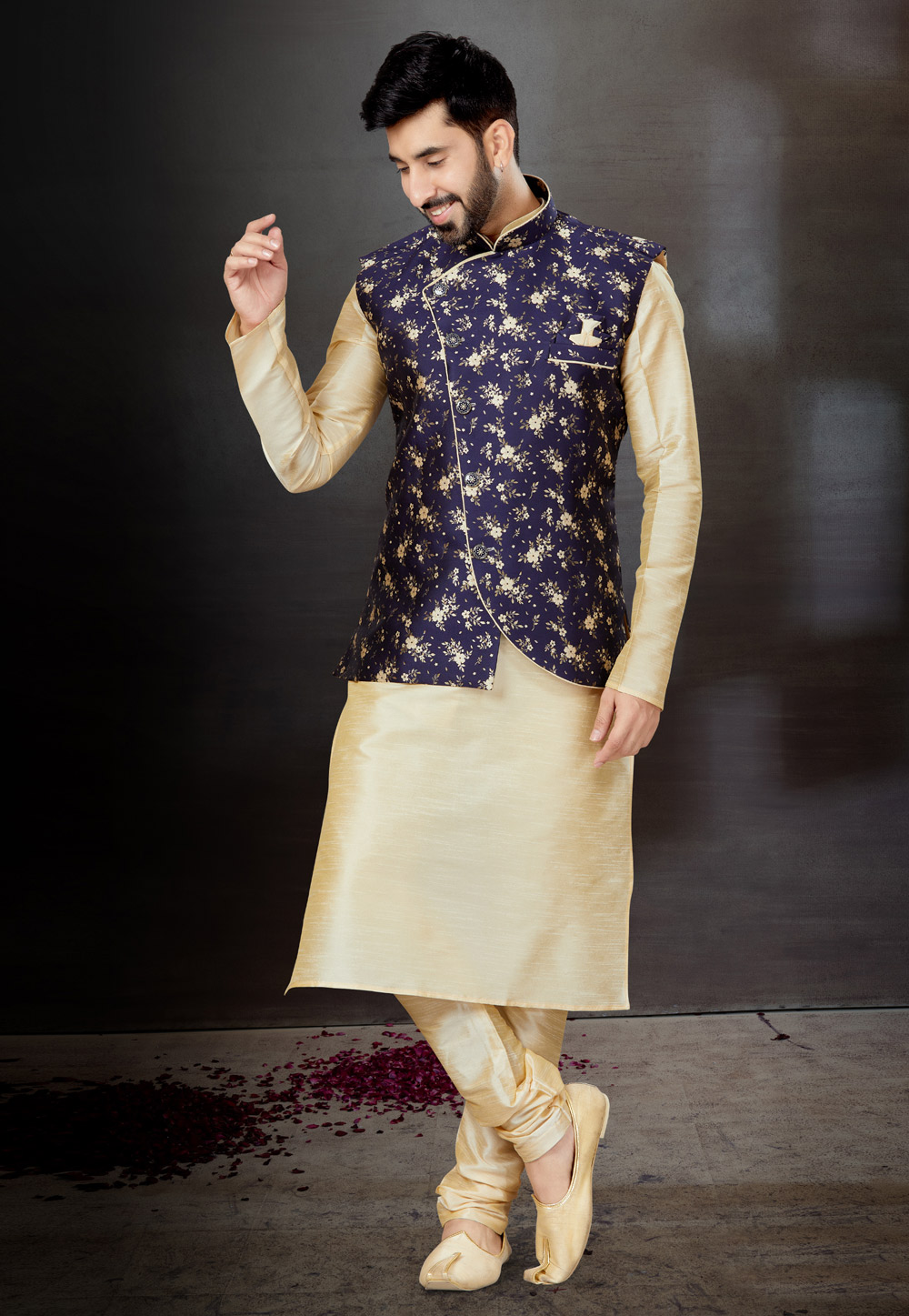 Cream Silk Kurta Pajama With Jacket 259339