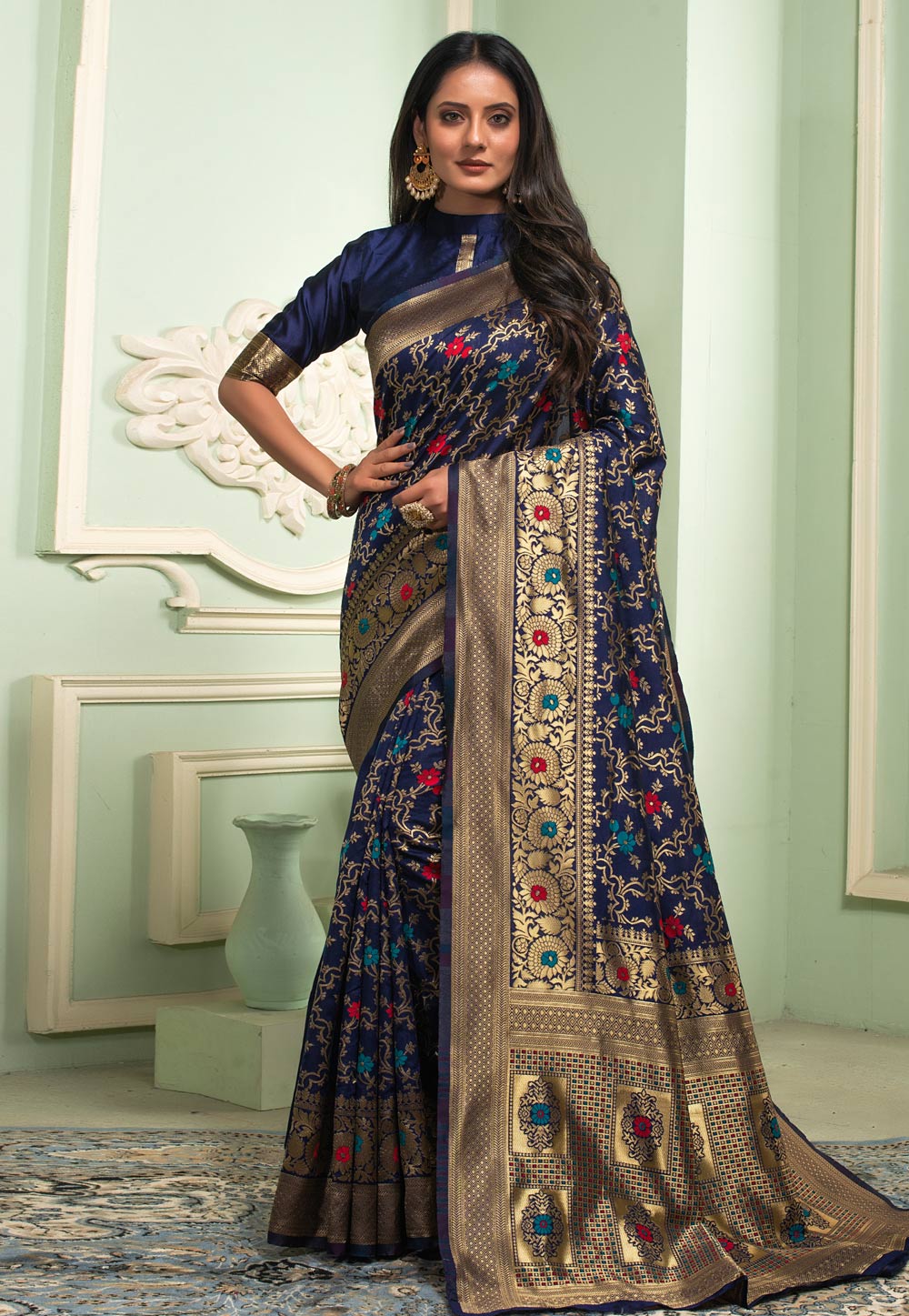 Navy Blue Banarasi Silk Saree With Blouse 230860
