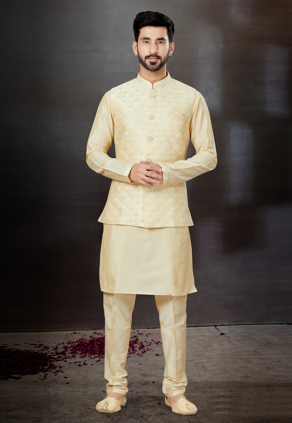 Cream Silk Kurta Pajama With Jacket 259341