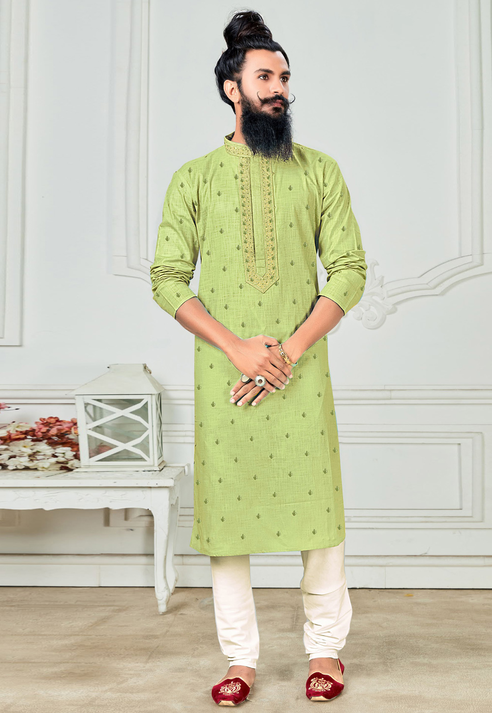 Light Green Cotton Kurta Pajama 237695