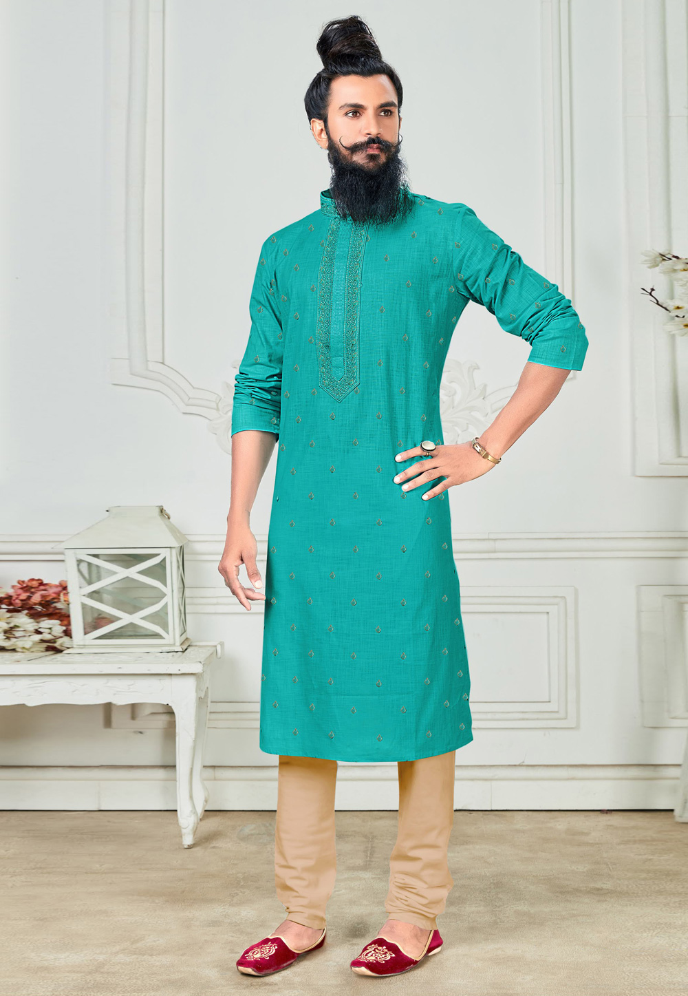 Turquoise Cotton Kurta Pajama 237697