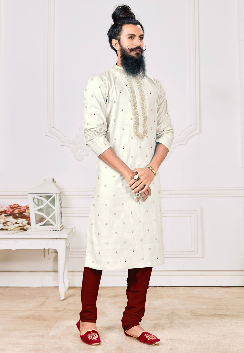 Off White Cotton Kurta Pajama 237700