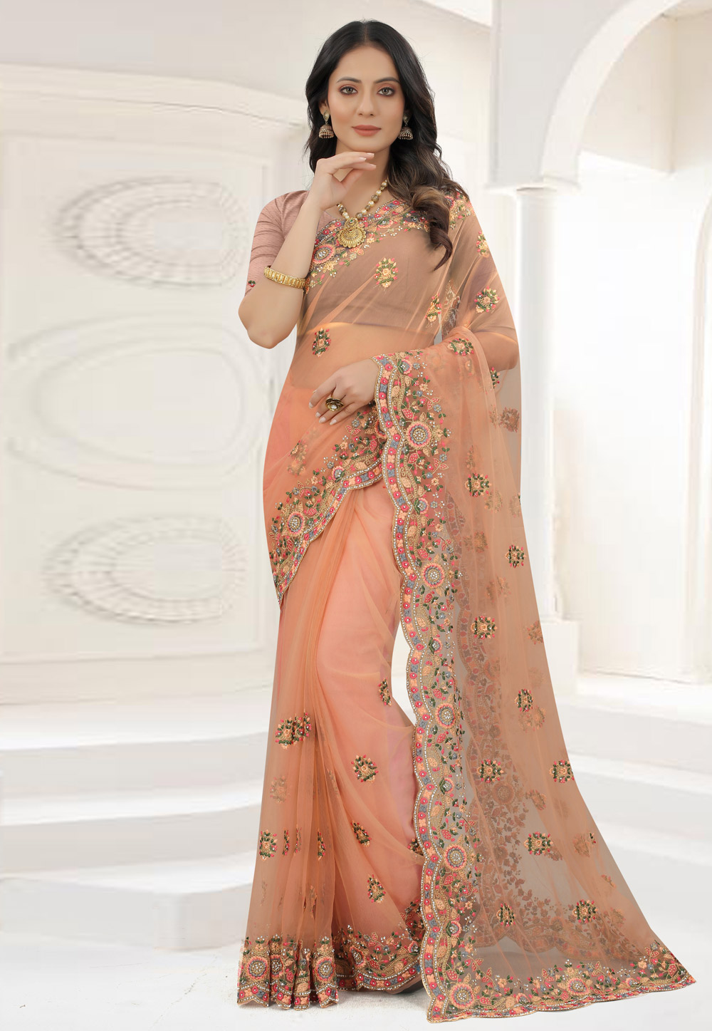 Peach Net Saree With Blouse 245025