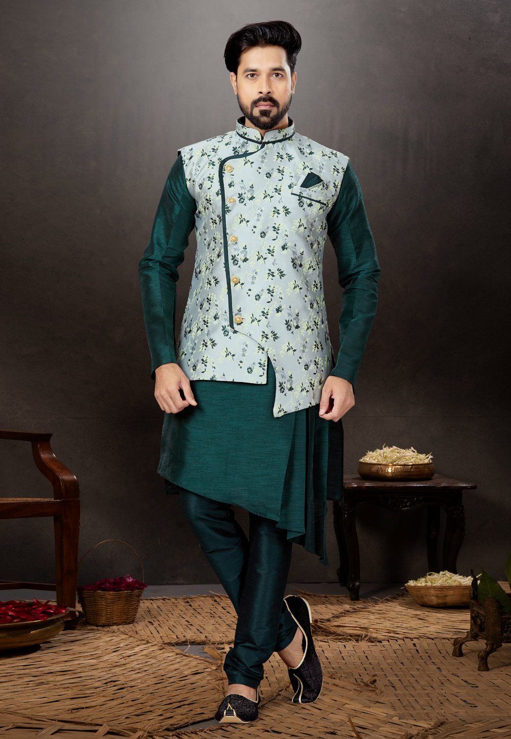 Green Silk Kurta Pajama With Jacket 259342