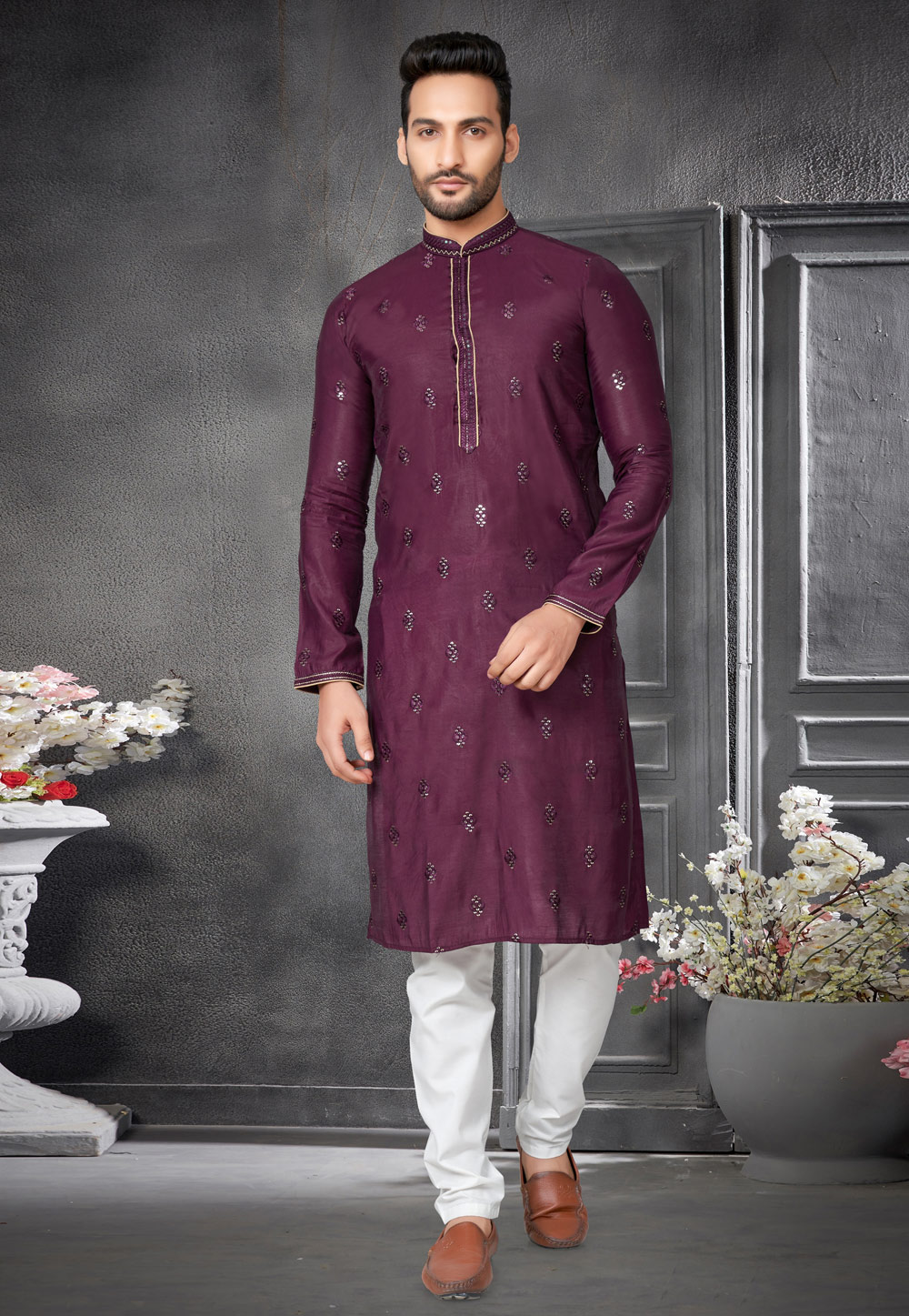 Wine Cotton Silk Kurta Pajama 276698