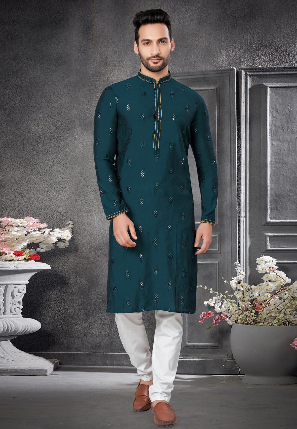 Teal Cotton Silk Kurta Pajama 276699