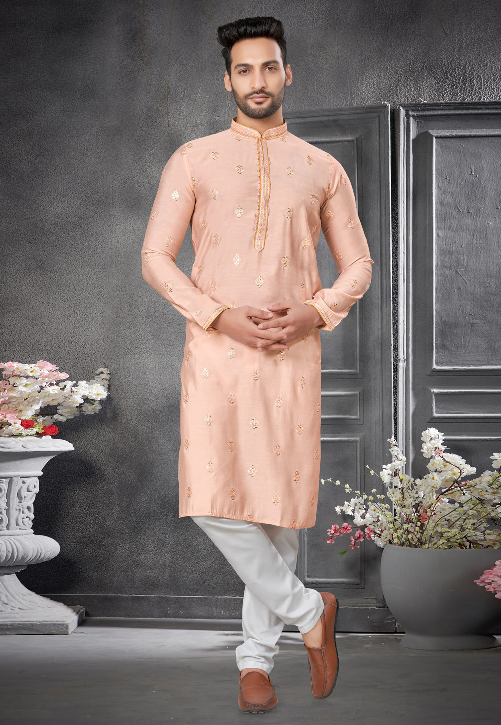 Peach Cotton Silk Kurta Pajama 276701