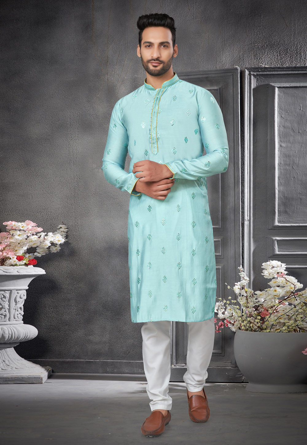 Sky Blue Cotton Silk Kurta Pajama 276703