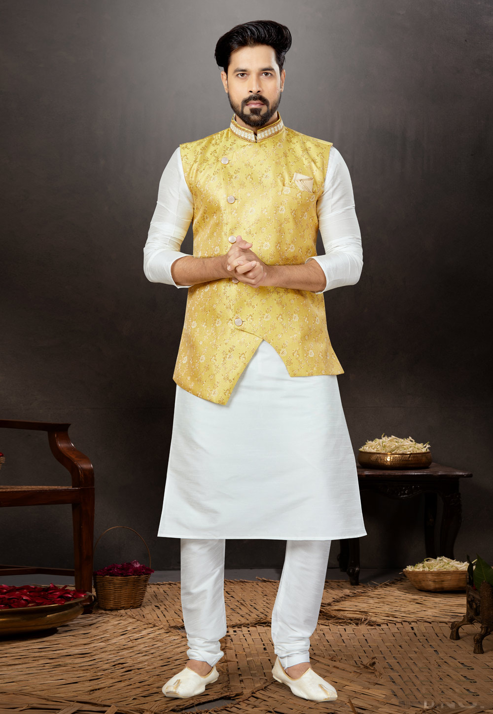 White Silk Kurta Pajama With Jacket 259344