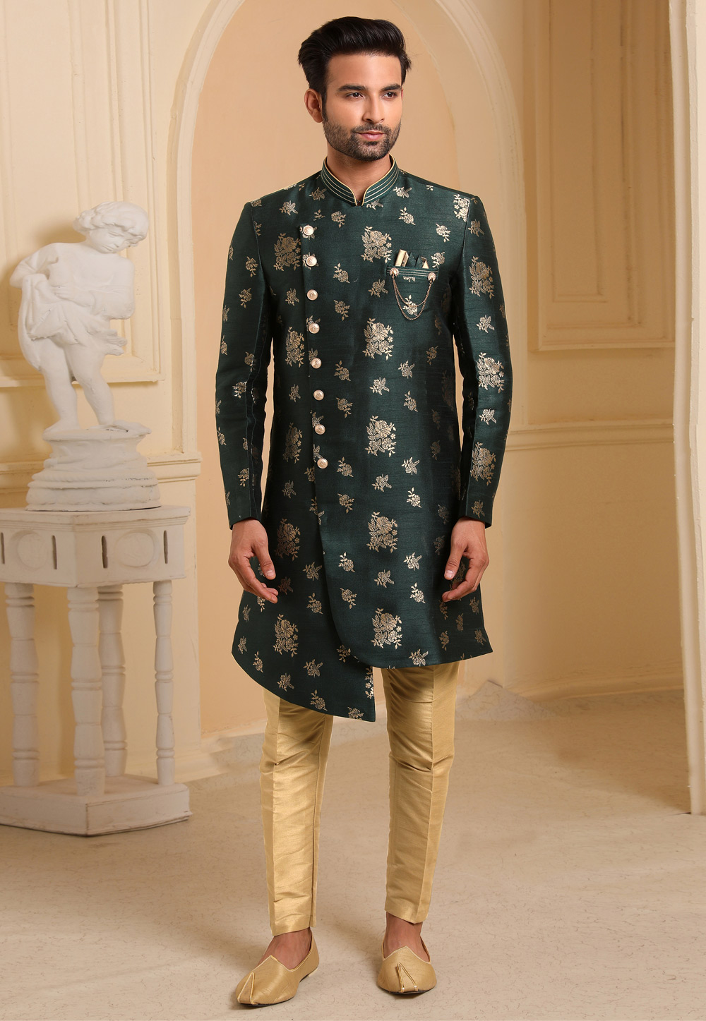 Green Jacquard Silk Indo Western Suit 237729