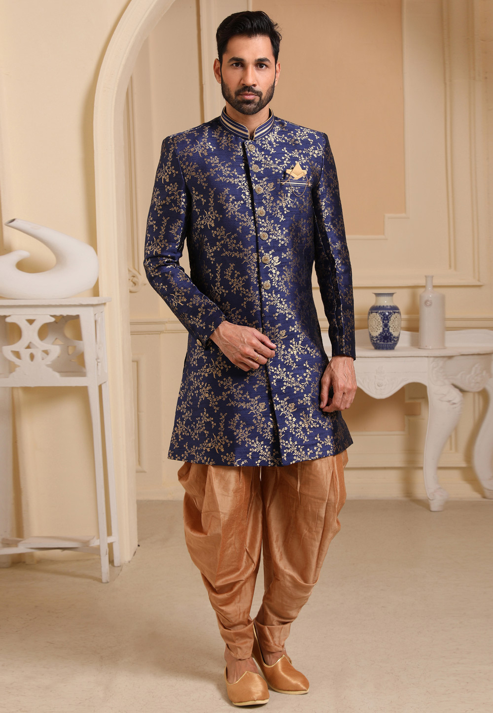 Navy Blue Jacquard Silk Indo Western Suit 237734
