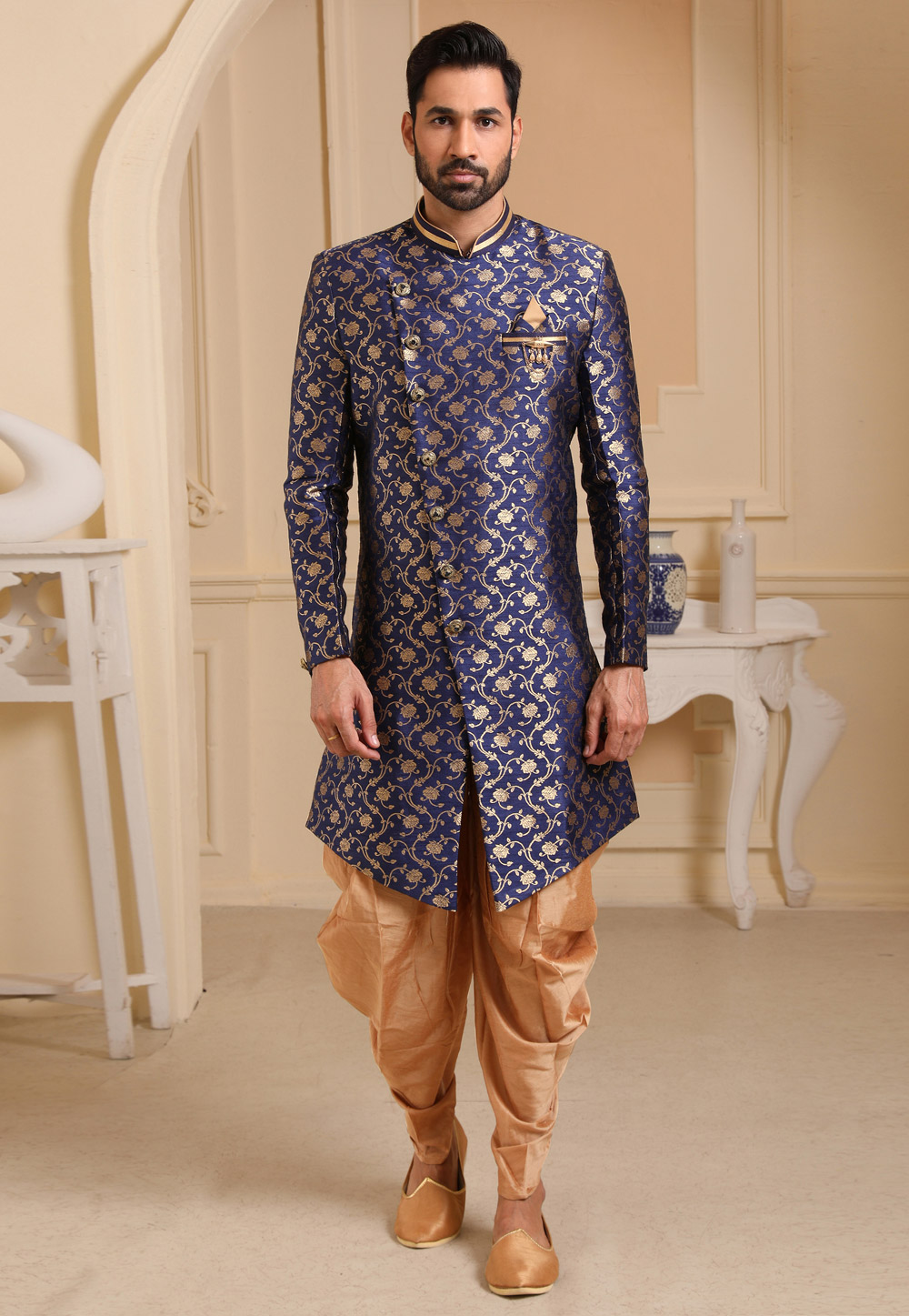 Navy Blue Jacquard Silk Indo Western Suit 237740