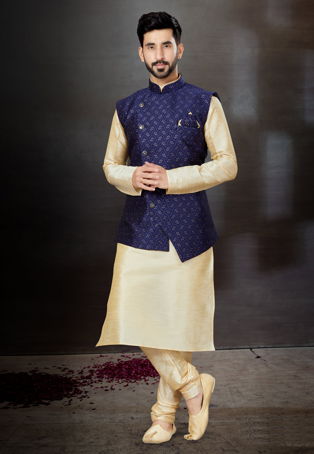 Cream Silk Kurta Pajama With Jacket 259345