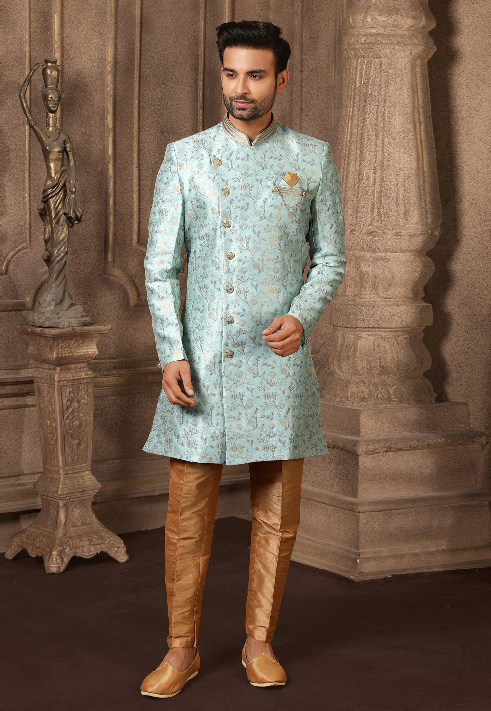 Sky Blue Jacquard Silk Indo Western Suit 237749