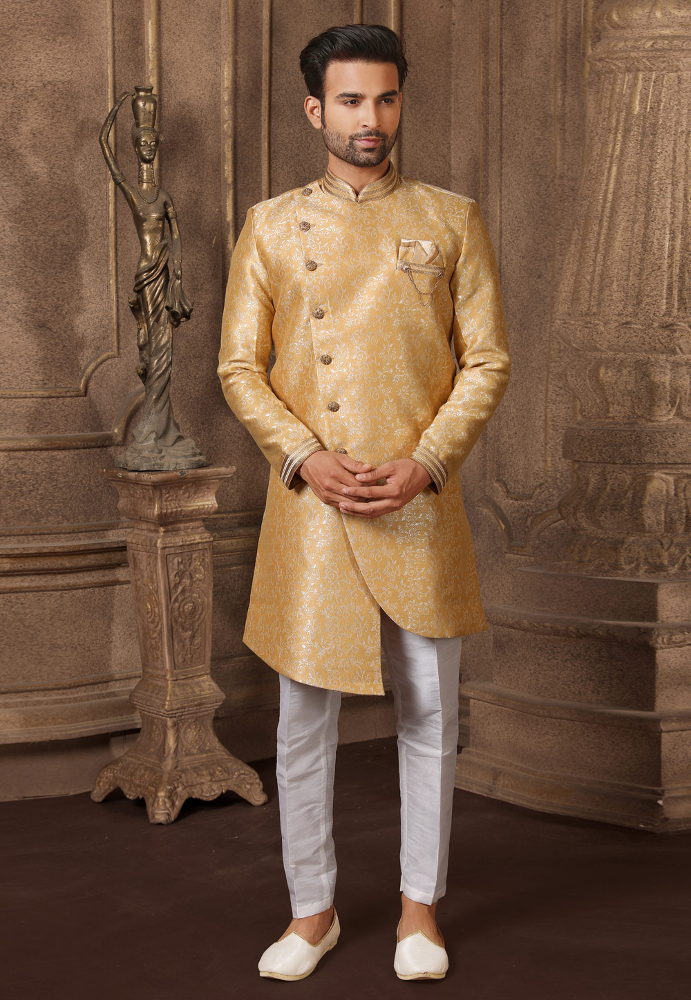 Golden Jacquard Silk Indo Western Suit 237753