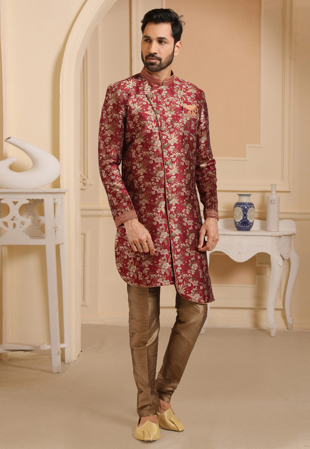 Maroon Jacquard Silk Indo Western Suit 237759