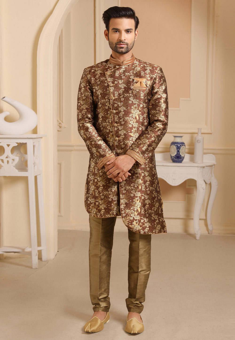 Brown Jacquard Silk Indo Western Suit 237761