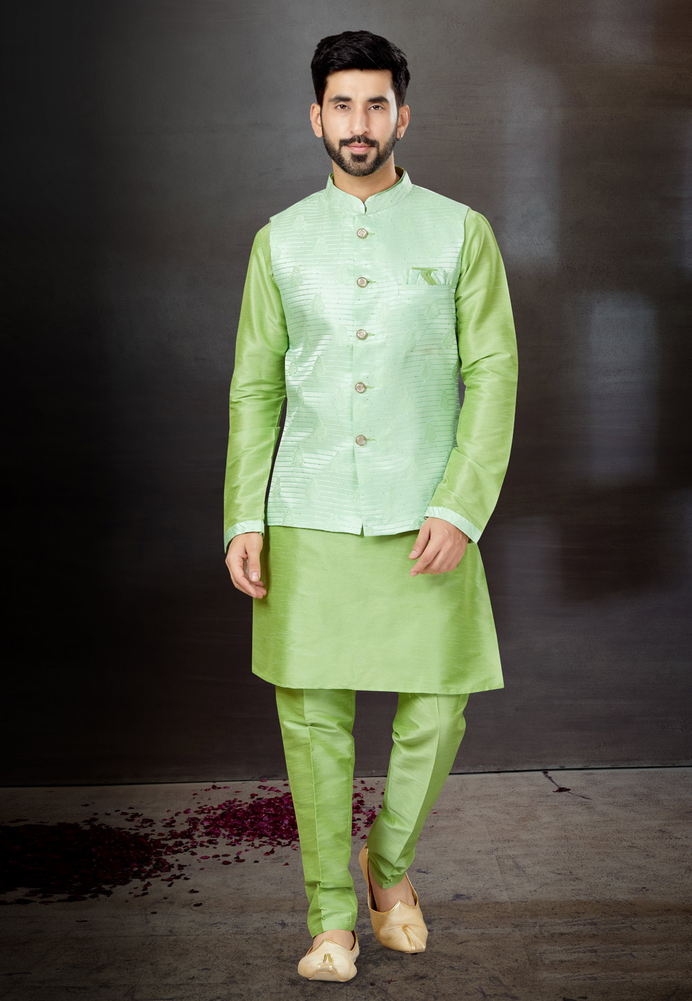 Light Green Silk Kurta Pajama With Jacket 259346