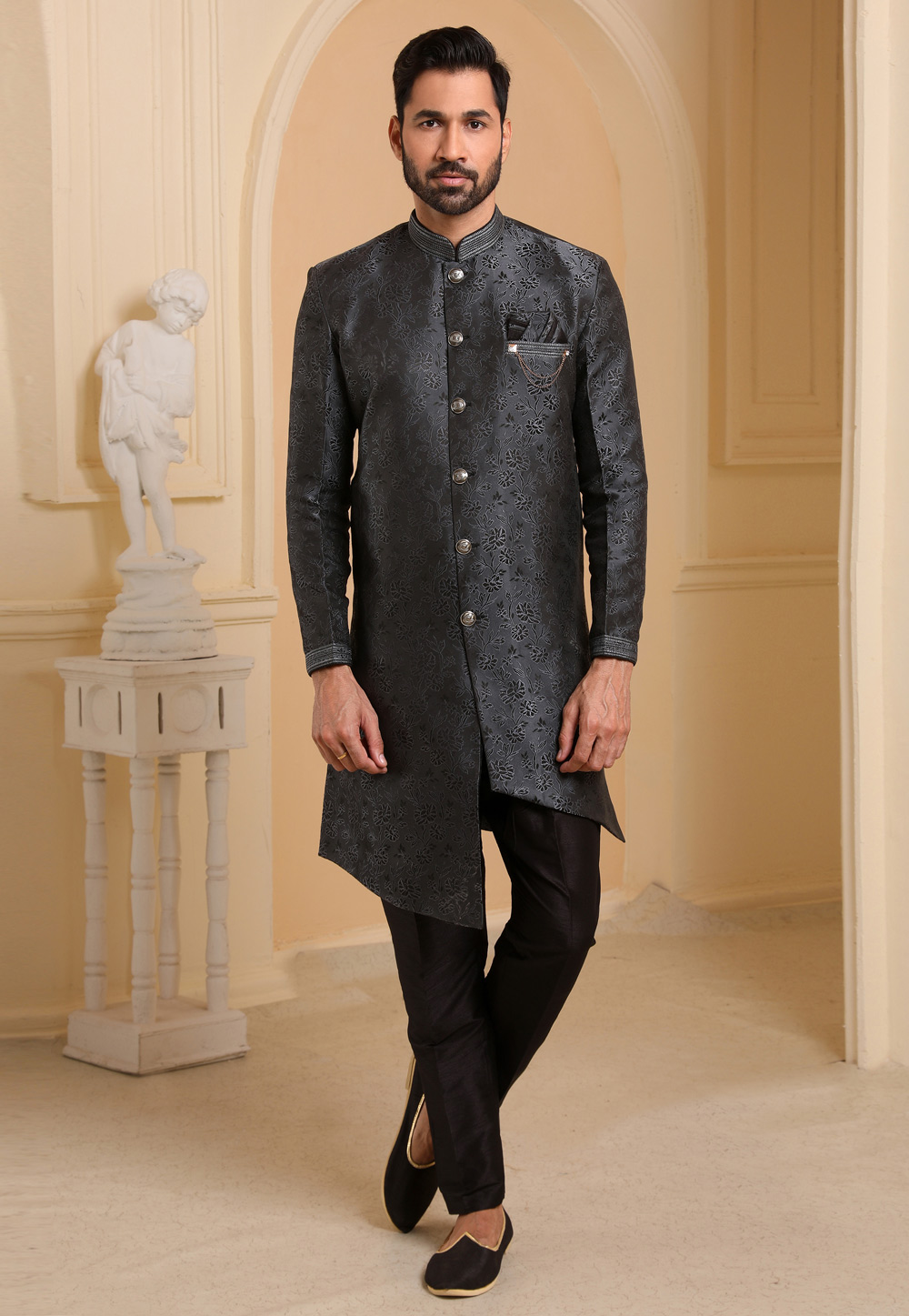 Dark Gray Jacquard Silk Indo Western Suit 237768