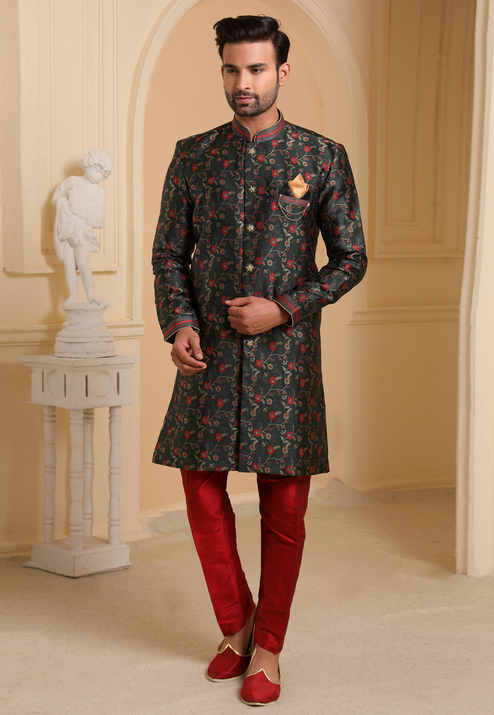 Green Jacquard Silk Indo Western Suit 237775