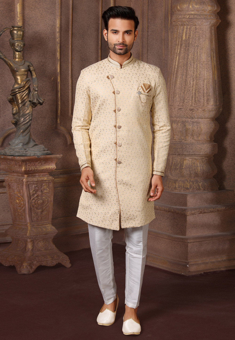 Cream Jacquard Silk Indo Western Suit 237778